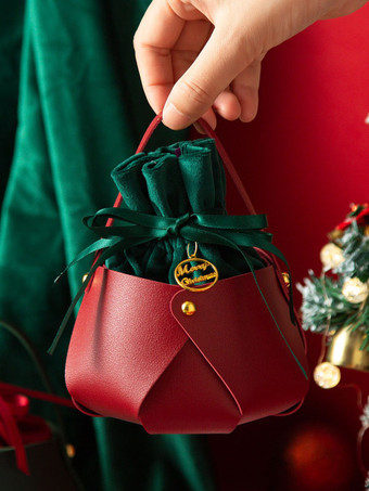 Women's Bags Burgundy Corduroy Round Ring Handle Two-Tone Metal Details Lace-up Christmas Bag