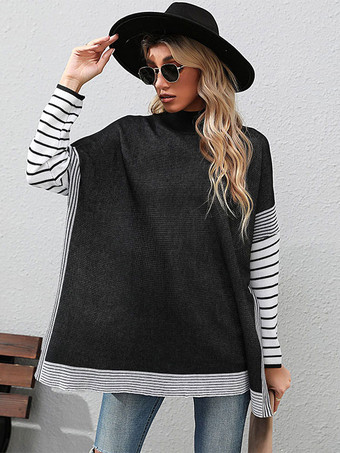 Women Pullover Sweater Black Stripes High Collar Long Sleeves Sweaters