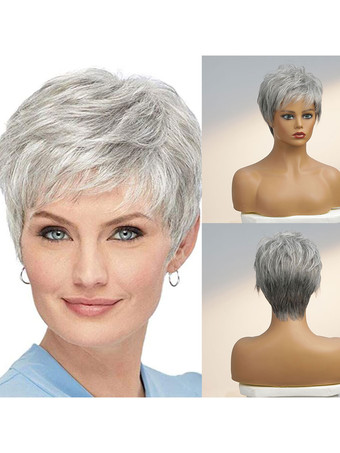 Human Hair Wigs Gray Straight Mixed-hair Layered Short Short Wig For Women