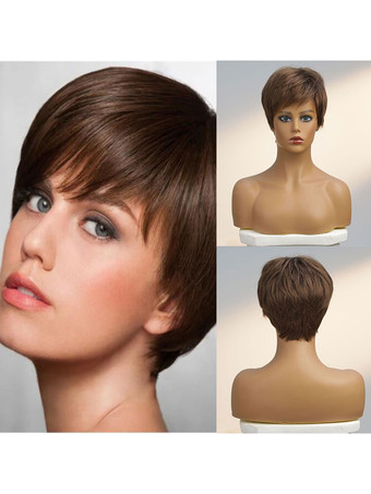 Human Hair Wigs Deep Brown Straight Mixed-hair Highlighting Hair Short Unisex Women Short Wig