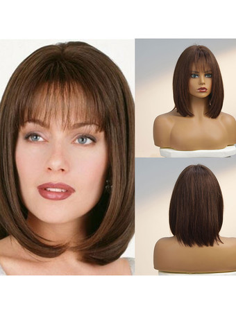 Human Hair Wigs Deep Brown Straight Mixed-hair Layered Medium Short Wig For Women