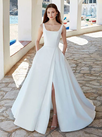 Simple Wedding Dress 2023 Satin Fabric Square Neck Sleeveless Pockets A-Line Bridal Dresses Free Customization