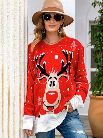 Damen Pullover Pullover Rot 2023 Weihnachtsstrick Elch Tops