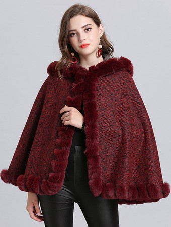 Women Poncho Hooded Burgundy Cape Coat Winter Outerwear 2023