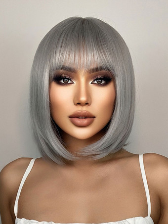 Synthetic Wigs Silver Bobs Medium Wig For Woman