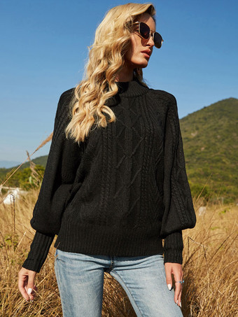 Women Pullover Sweater Black Jewel Neck Long Sleeves Acrylic Sweaters