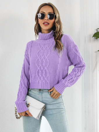 Women Pullover Sweater Purple High Collar Long Sleeves Acrylic Sweaters