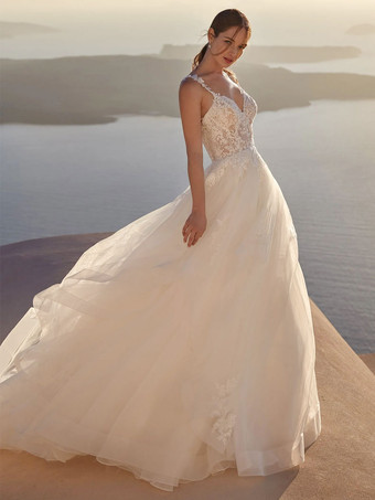 Wedding Dress A-Line With Train V-Neck Sleeveless Lace Bridal Dresses Free Customization