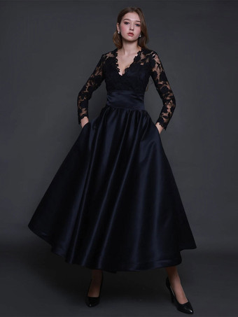 Black Wedding Dresses 2023 A-Line Long Sleeves Lace Ankle-Length Bridal Gown Free Customization