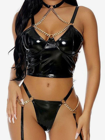 Bras For Woman Black PU Leather Lingerie Sets