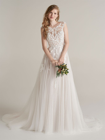 Lace Wedding Dress 2023 With Train A-Line Sleeveless Lace Jewel Neck Bridal Gowns Free Customization