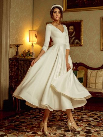 Brautkleider Kurz elfenbeinfarbe 1/2 Ärmel V-Ausschnitt Satingewebe Brautkleider Vintage Hochzeitskleid Kurz