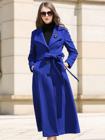 Wrap Coat For Woman Royal Blue Sash Winter Woolen Outerwear 2023