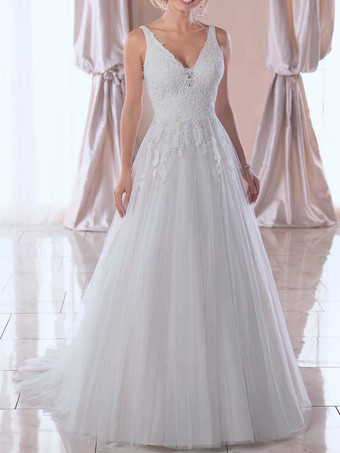 Schlichtes Brautkleid Brautkleider große Größen Spitze A-Linie- Weiß Standesamtkleid