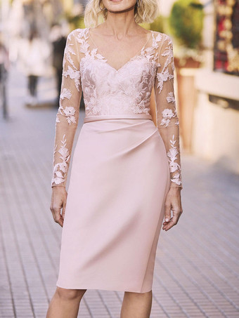 Hellrosa Partykleid für die Brautmutter V-Ausschnitt Lange Ärmel Etui-Spitze Kleider für Hochzeitsgäste
