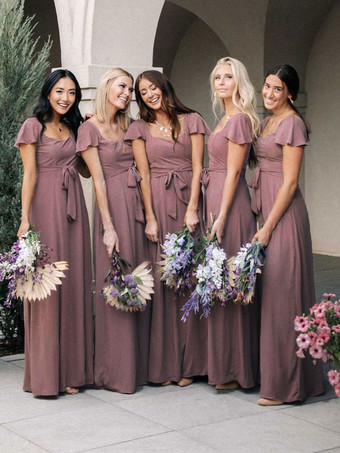 Cameo Brown Bridesmaid Dresses A-Line Square Collar Short Sleeves Floor-Length Zipper Wedding Party Dress Free Customization