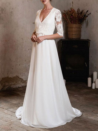 Simple Wedding Dress A-Line V-Neck Half Sleeves Cut Out Bridal Dresses Free Customization