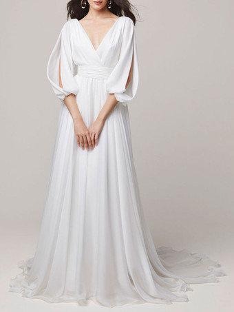 Schlichtes Brautkleid lang Polyester A-Linie- elfenbeinfarbe Standesamtkleid
