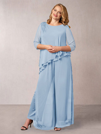 Vestido de novia para madres Gris Azul Cuello barco Medias mangas Apliques Gasa Vestidos de invitados de boda
