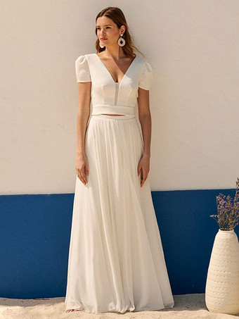 Ivory Two-piece Wedding Dress V-Neck A-Line Floor-Length Backless Short Sleeves Bridal Jumpsuit Free Customization