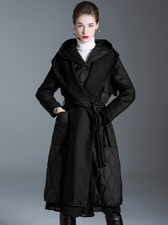 Manteau d'hiver noir à capuche avec ceinture pour femme