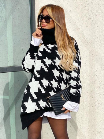 Women Pullover Sweater Black Geometric High Collar Long Sleeves Sweaters