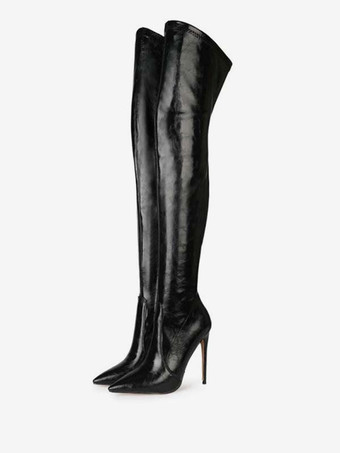 Womens thigh high Boots Black Pointed Toe Stiletto Heeled Boots