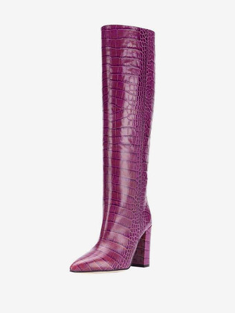 Women's Croc Print Chunky Heel Knee High Boots
