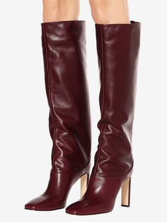 Women's Wide Calf Boots Burgundy Pointed Toe Chunky Heel Knee High Boots