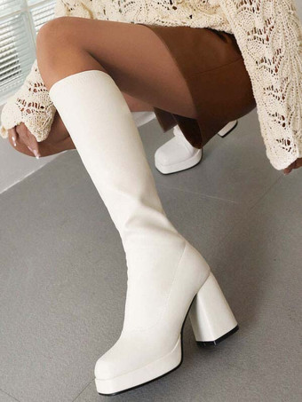 White Knee High Boots Women PU Leather Chunky Heel Knee Length Boots