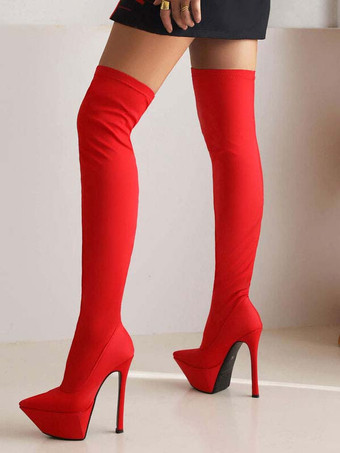 Women's Thigh High Boots Platform Pointed Toe Stiletto Heel Elastic Over The Knee Boots