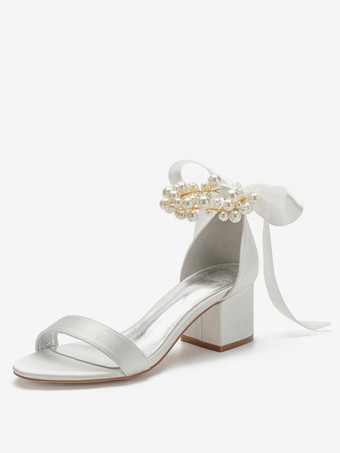 Sandali da sposa da donna con cinturino alla caviglia in raso con tacco basso e perle con fiocco