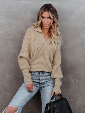 Women Pullover Sweater Khaki Turndown Collar Long Sleeves Acrylic Sweaters