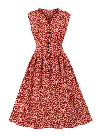 Vintage Dress 1950s Audrey Hepburn Style Red Floral Print Woman Buttons Sleeveless V-Neck Rockabilly Dress