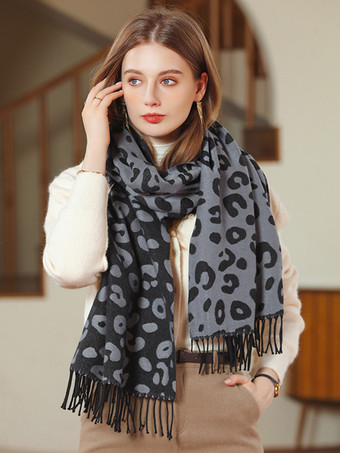 Lenço feminino moda estampa leopardo franja poliéster fibra de inverno lenços quentes
