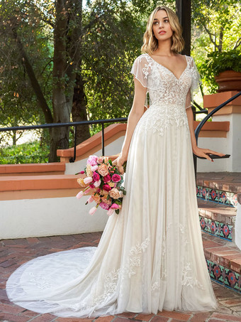 Simple Wedding Dress 2023 Lace V-Neck Sleeveless Lace A-Line Bridal Gowns Free Customization