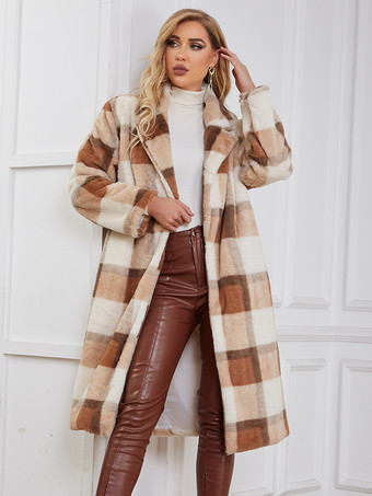 Faux Fur Coats Plaid Winter Outerwear For Women 2023