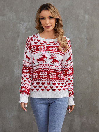 Christmas Sweater Round Neck Long Sleeves Ribbed Women Pullover