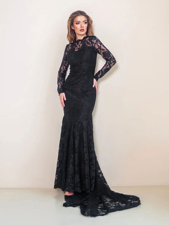 Black Gothic Wedding Dresses 2023 Mermaid Long Sleeves Lace With Train Bridal Dress Free Customization