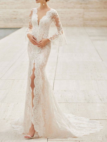 Ivory Wedding Dress V-Neck Long Sleeves Backless Lace Bridal Dresses With Train Free Customization