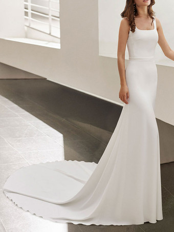 White Simple Mermaid Wedding Dress Square Neckline Sleeveless Backless Bridal Gowns Free Customization