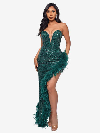 Sequin Party Dresses Green Birthday Strapless Semi Formal Prom Dress