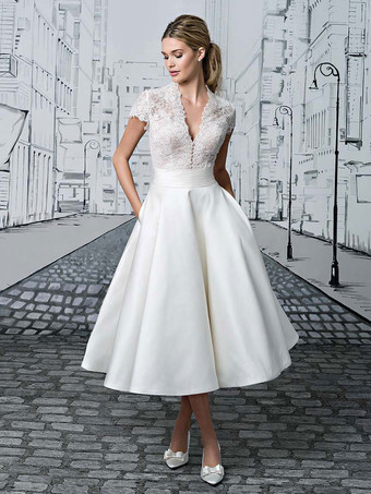 Robe de mariée vintage robe de mariée civile courte col V manche courte haut en dentelle jupe en satin