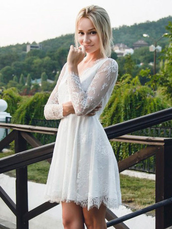 Brautkleider Kurz elfenbeinfarbe Langarm V-Ausschnitt Spitze Hochzeitskleid Kurz