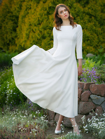 Short Wedding Dresses 2023 Ankle-Length Jewel Neck 3/4 Length Sleeves A-Line Bridal Dresses Free Customization