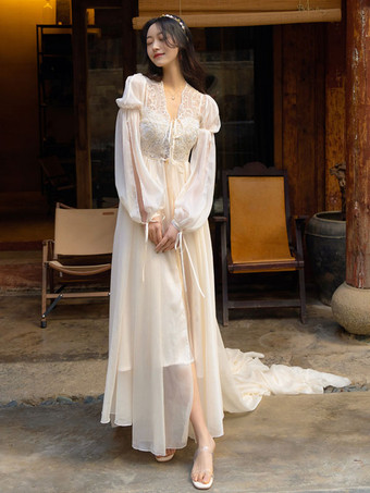 Bridal Pajamas White Lace Sleepwear 2-Piece V-Neck Long Sleeve Lingerie
