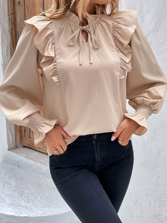 Blouse For Women Apricot Ruffles V-Neck Casual Long Sleeves Tops