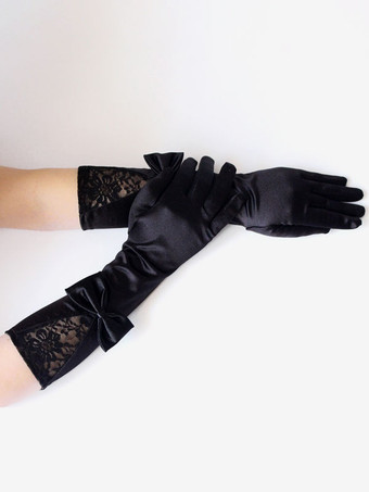 Schwarze gotische Hochzeitshandschuhe Handschuhe Matte Satin Lace Bows Brauthandschuhe