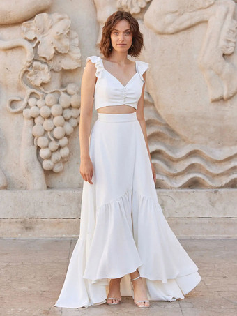 Ivory Two-piece Wedding Dress Satin Fabric Buttons V-Neck A-Line Ankle-Length Backless Sleeveless Bridal Sets