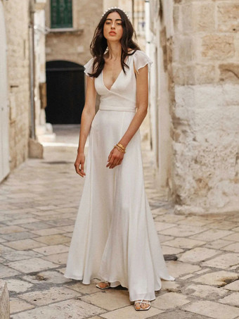 Simple Wedding Dress A-Line V-Neck Short Sleeves Split Front Bridal Dresses